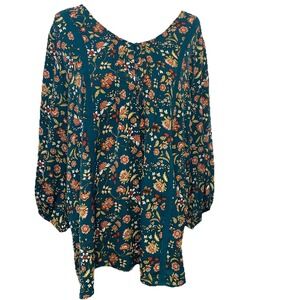 Susan Betro  Green Floral Long Sleeve Pop Over Blouse Top Woman 2X V Neck Casual